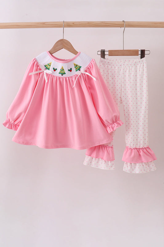 Pink christmas tree smocked ruffle pants set