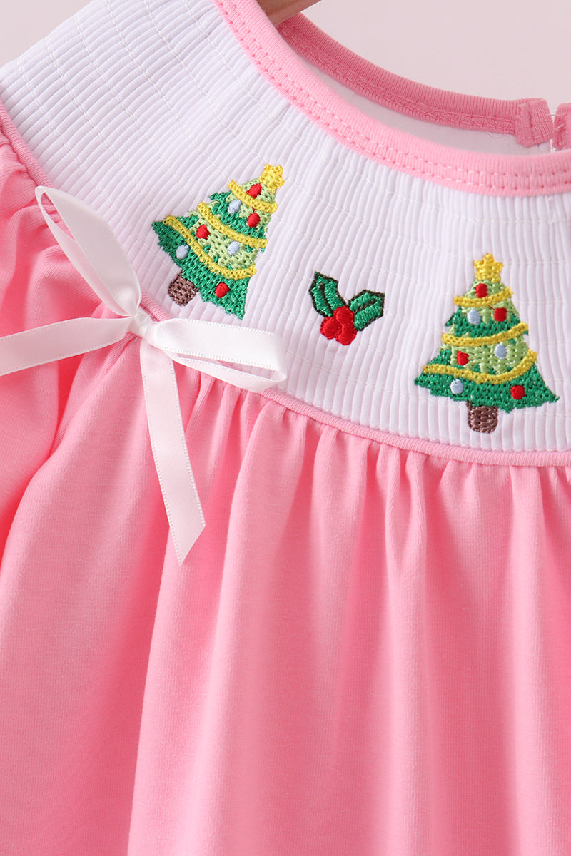 Pink christmas tree smocked ruffle pants set