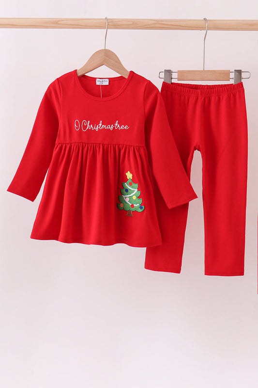 Red christmas tree applique pants set