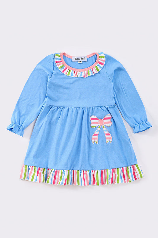 Blue bow applique girl dress