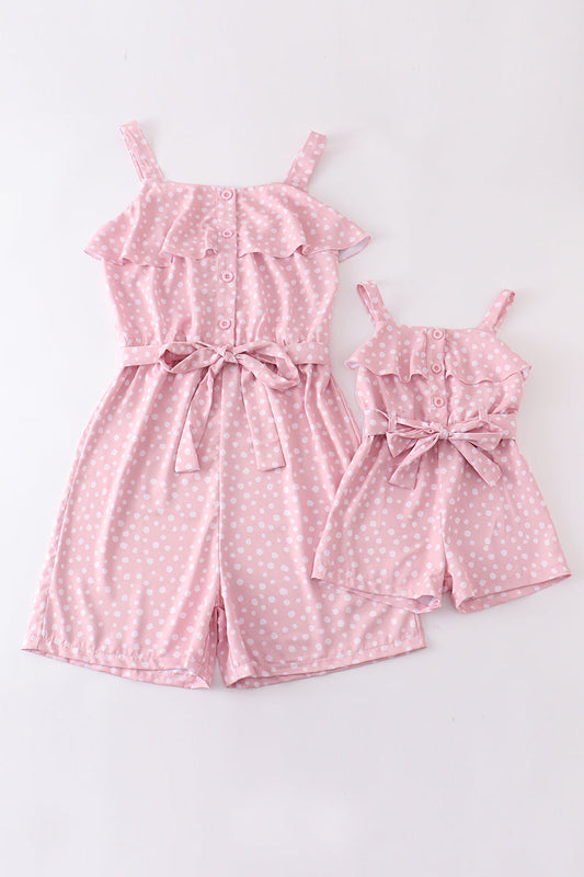 Pink dot print strap ruffle jumpsuit mommy & me