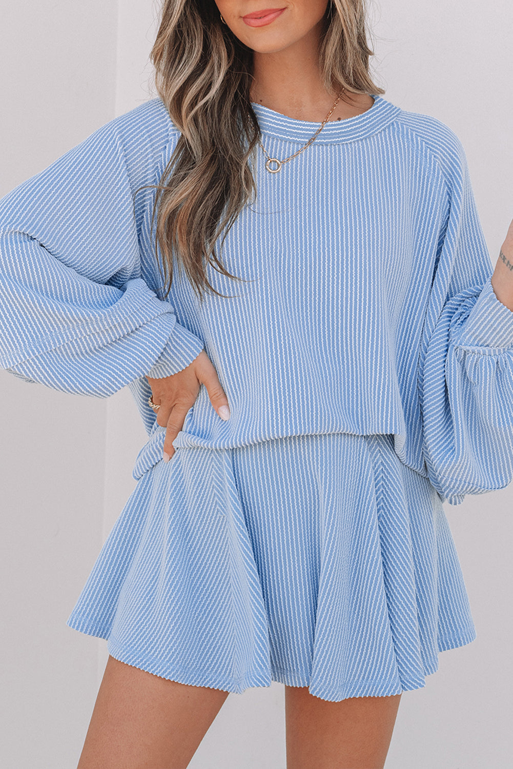 Sky Blue Corded Lantern Sleeve Top High Waist Ruffled Mini Skort Set