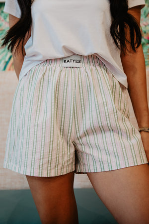 Light Pink and Green Striped Ladies Boxer Shorts