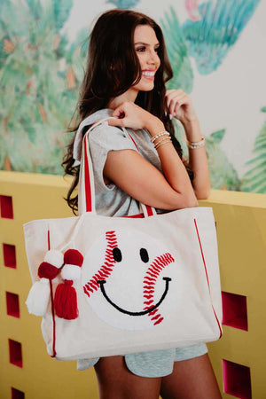 Baseball Oversized Happy Face Tote Bag